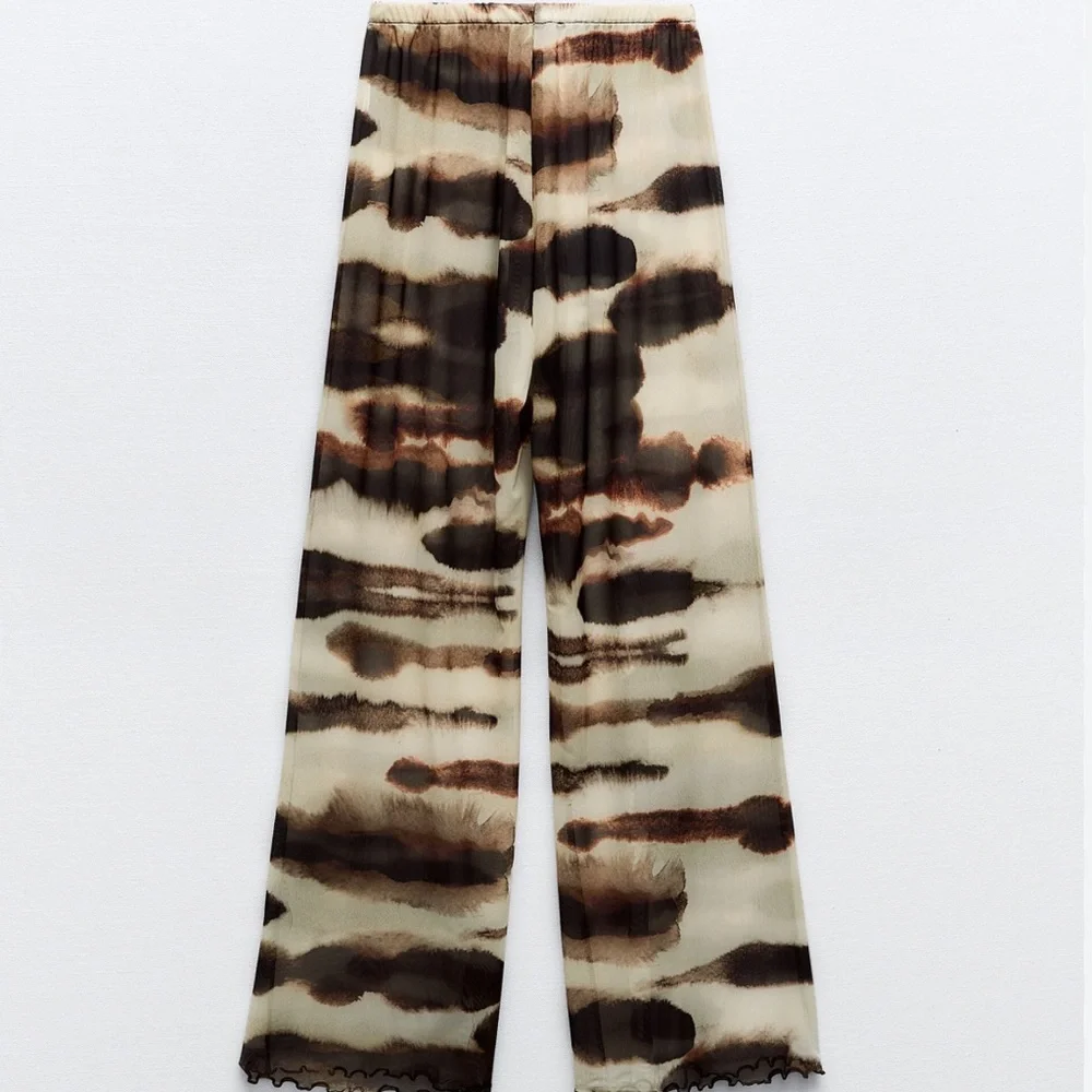 Zara High Waisted Tie Dye Tulle Print Mesh Straight Leg Pants Sz L - Picture 5 of 10